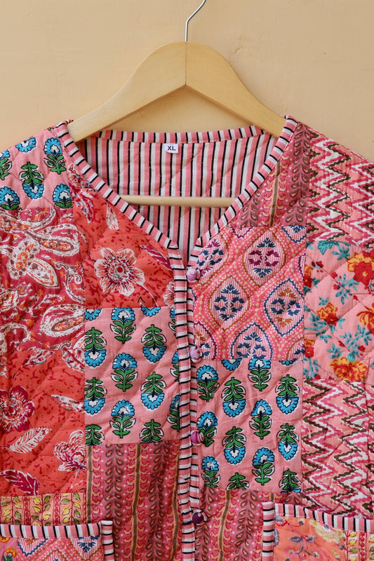 Indian Handmade Quilted Cotton Jacket Peach Patchwork Women's Reversible Coat, Kimono Vintage Bohemian Jacket, Spring Style Gift for Her