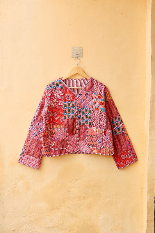 Indian Handmade Quilted Cotton Jacket Peach Patchwork Women's Reversible Coat, Kimono Vintage Bohemian Jacket, Spring Style Gift for Her
