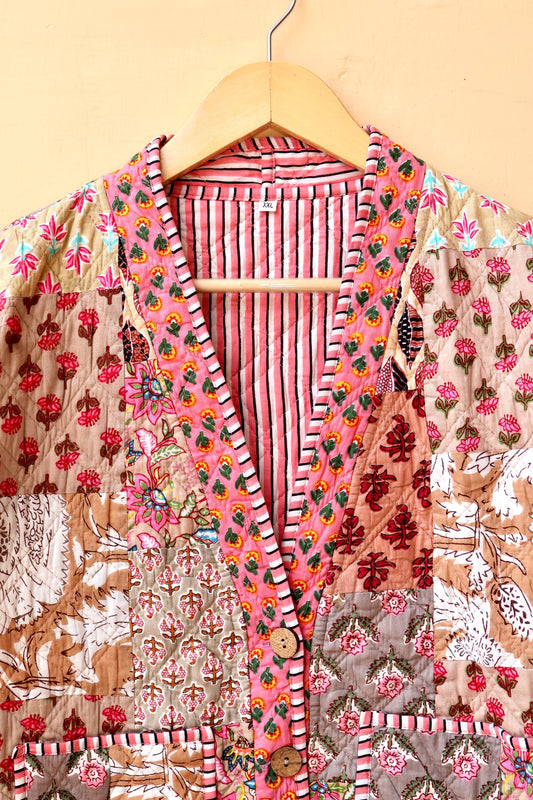 Indian Handmade Cotton Kantha Jacket, V-Neck Vintage Patchwork Women’s Quilted Reversible Kimono Coat, Boho Style, Spring Gift for her