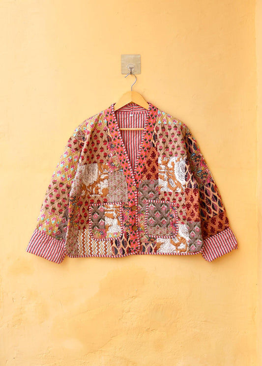 Indian Handmade Cotton Kantha Jacket, V-Neck Vintage Patchwork Women’s Quilted Reversible Kimono Coat, Boho Style, Spring Gift for her