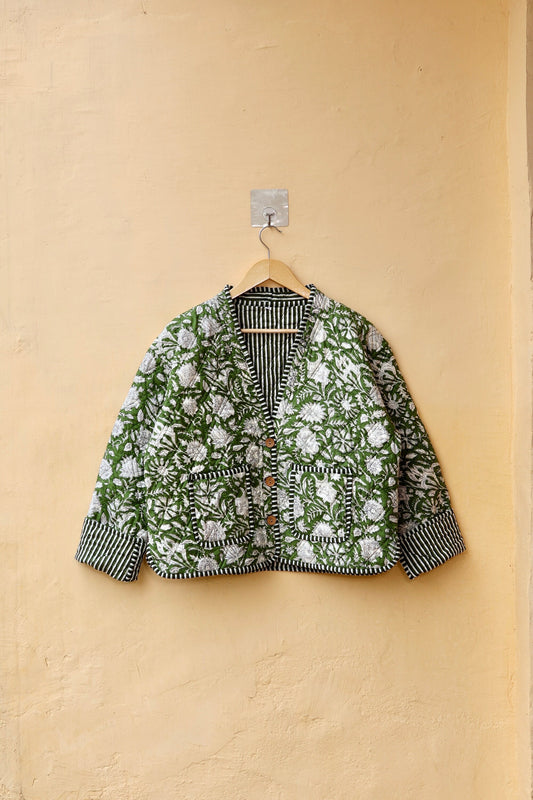Cotton Quilted Jacket V-Neck New Style Kantha Jacket Hand Block Print Floral Indian Women's Clothing Coat, Boho Spring Jacket Gift for Her