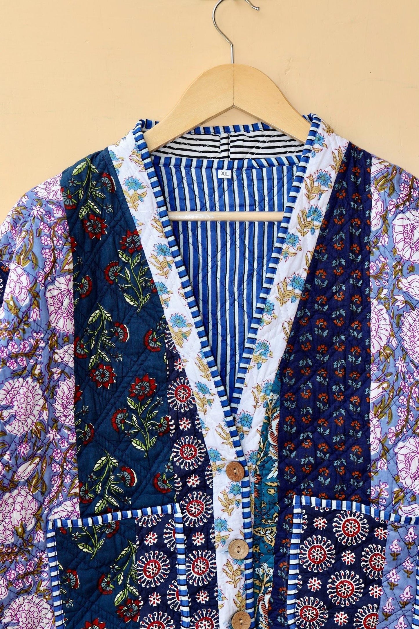 Reversible Cotton Kantha Jacket, V-Neck Patchwork Women’s Quilted Kimono Indian Hand Block, Vintage Style Boho Vest Spring Gift for her