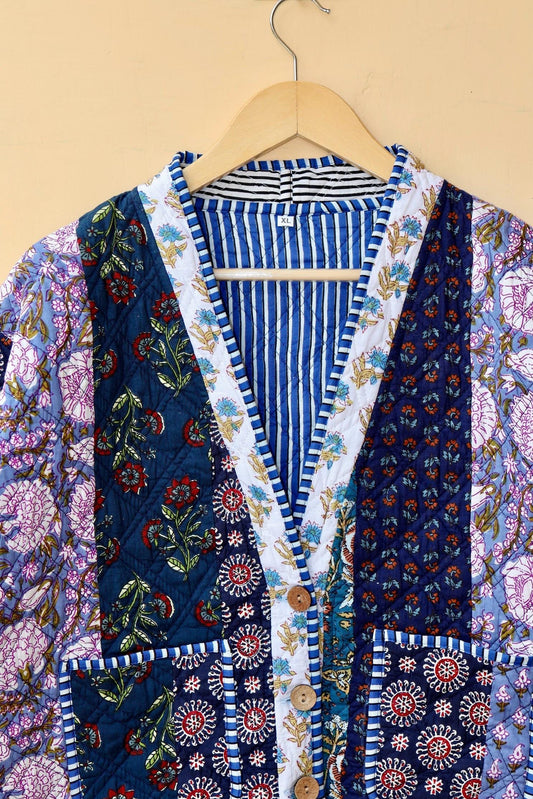 Reversible Cotton Kantha Jacket, V-Neck Patchwork Women’s Quilted Kimono Indian Hand Block, Vintage Style Boho Vest Spring Gift for her