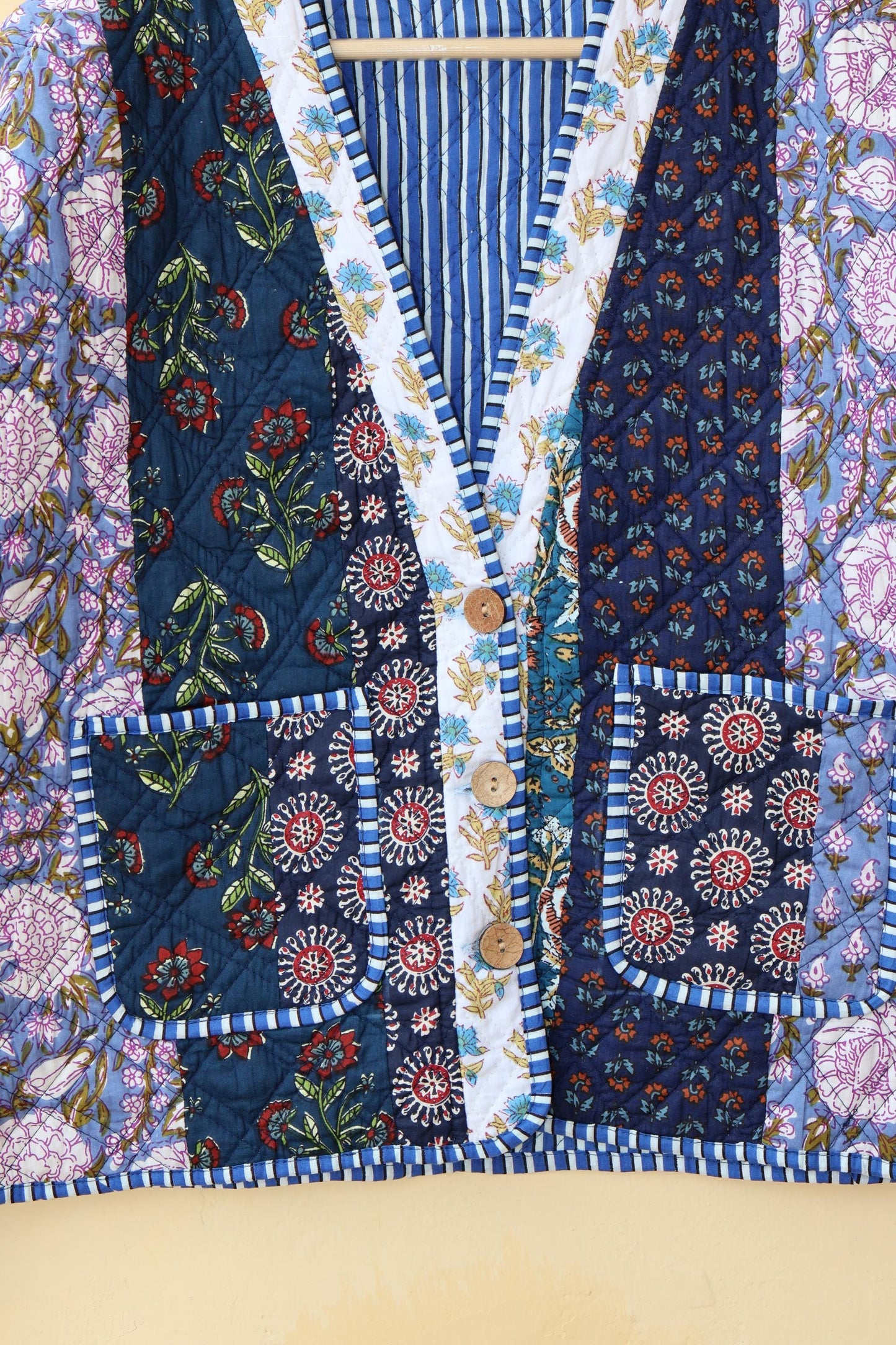 Reversible Cotton Kantha Jacket, V-Neck Patchwork Women’s Quilted Kimono Indian Hand Block, Vintage Style Boho Vest Spring Gift for her