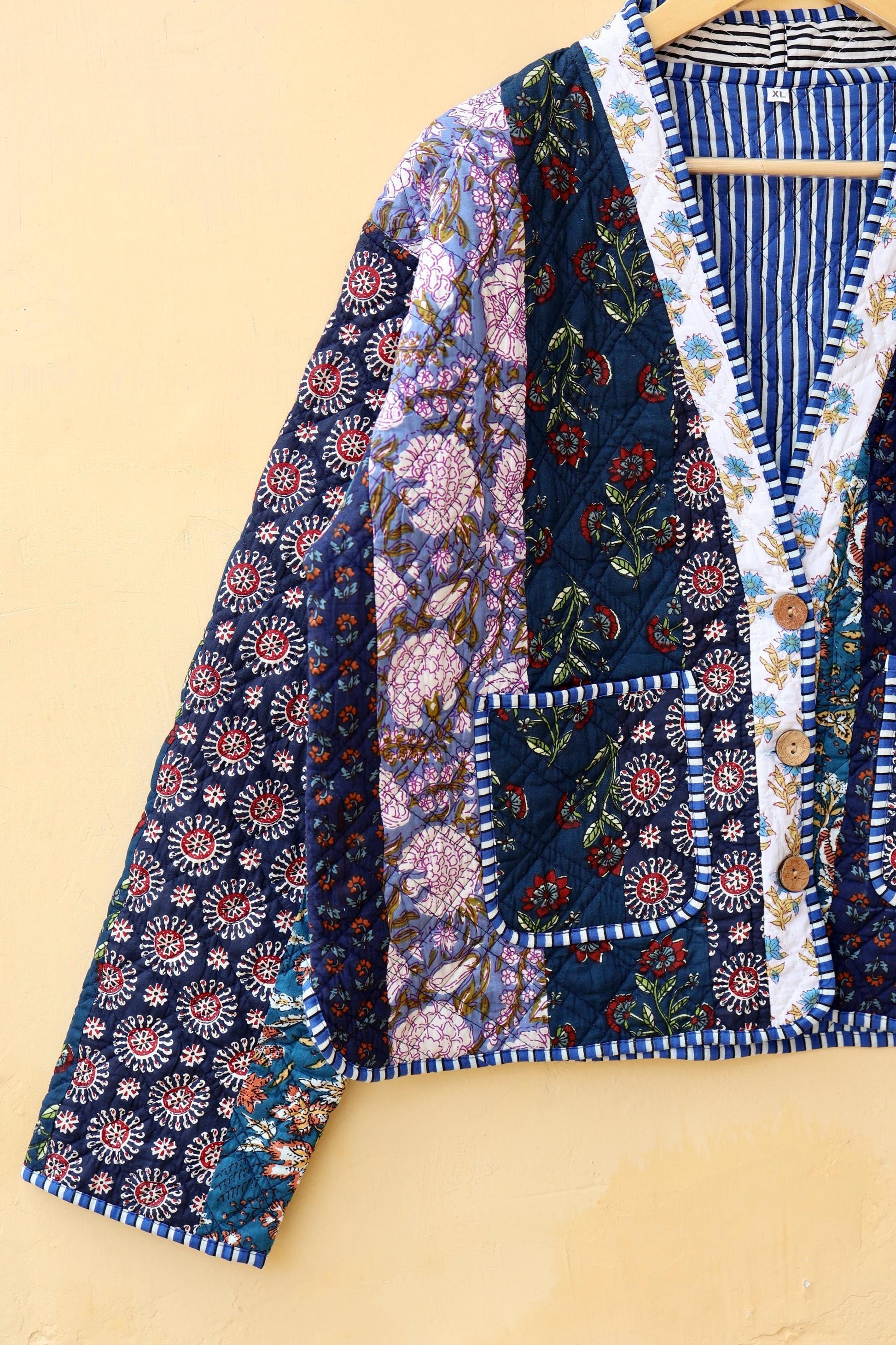 Reversible Cotton Kantha Jacket, V-Neck Patchwork Women’s Quilted Kimono Indian Hand Block, Vintage Style Boho Vest Spring Gift for her