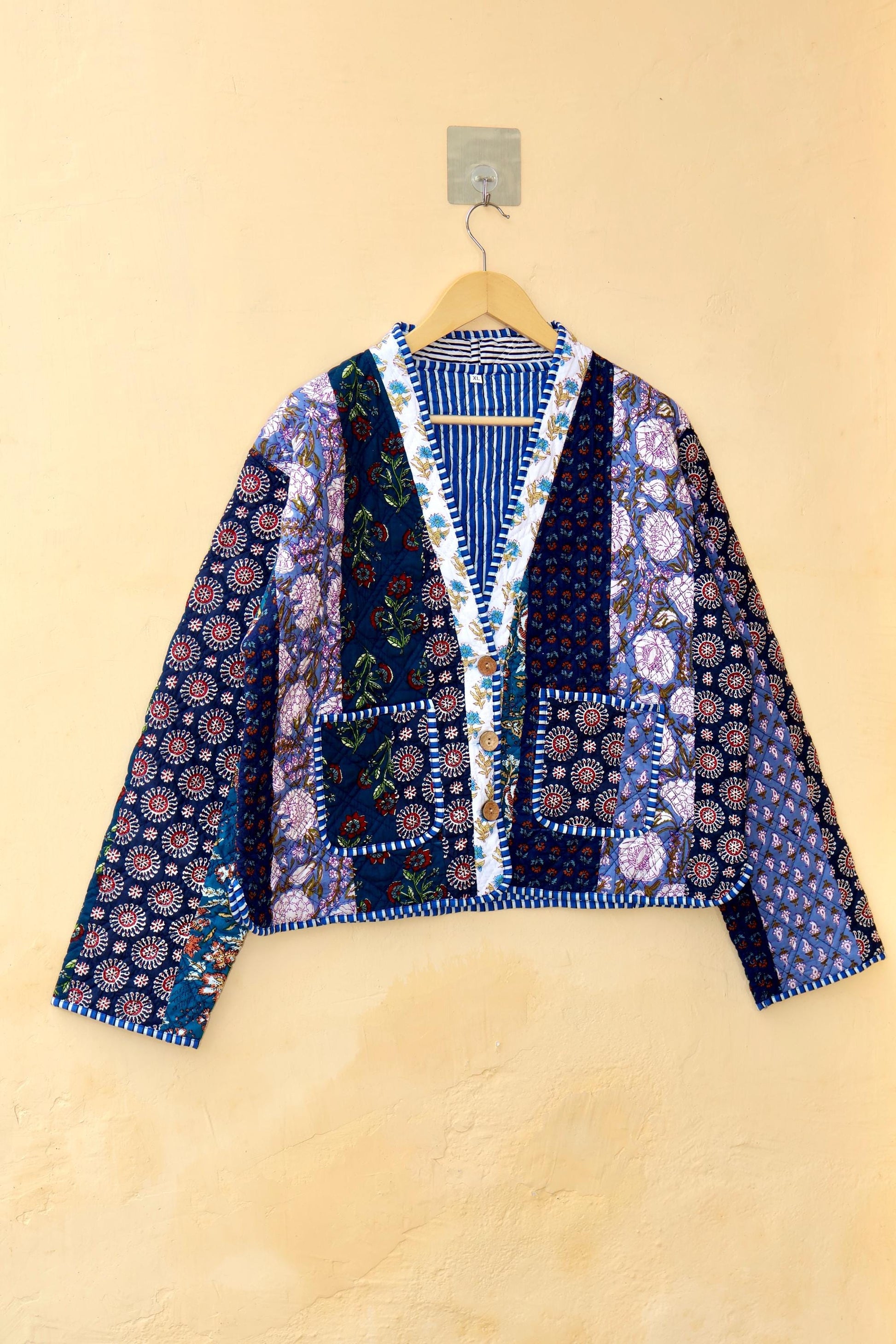 Reversible Cotton Kantha Jacket, V-Neck Patchwork Women’s Quilted Kimono Indian Hand Block, Vintage Style Boho Vest Spring Gift for her
