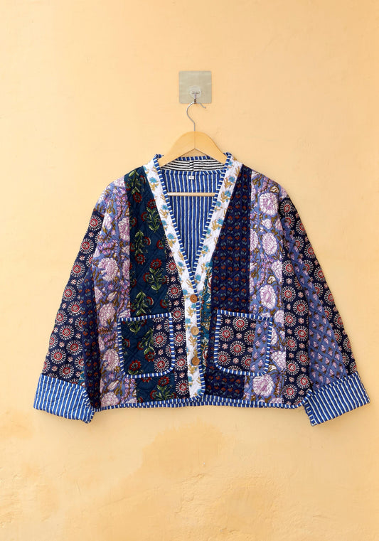 Reversible Cotton Kantha Jacket, V-Neck Patchwork Women’s Quilted Kimono Indian Hand Block, Vintage Style Boho Vest Spring Gift for her