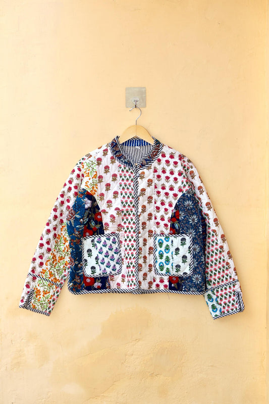 Indian Handmade Cotton Kantha Patchwork Quilted Jacket/Coat Block print Women's Reversible Clothing Kimono Vintage Valentine Gift for Her