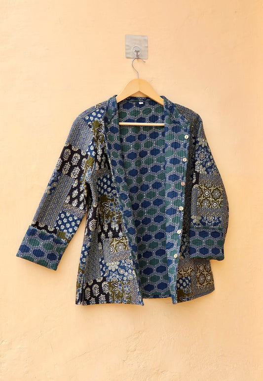 Indian Hand Block Printed Cotton Quilted Jacket, Kantha Kimono Robe, Vintage Boho Kimono Style Women's Coat, Mother's Day Gift for her