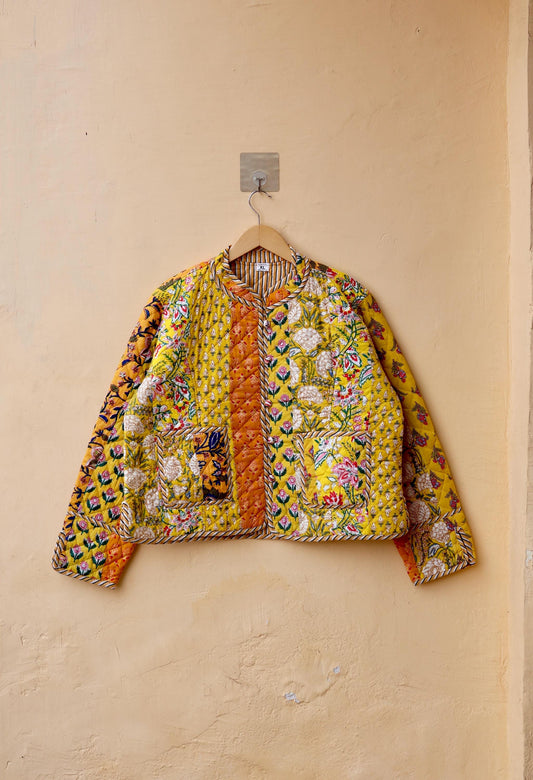 Indian Handmade Quilted Cotton Jacket Yellow Patchwork Women's Reversible Coat, Kimono Vintage Bohemian Jacket, Spring Style Gift for Her