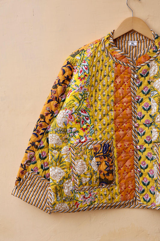 Indian Handmade Quilted Cotton Jacket Yellow Patchwork Women's Reversible Coat, Kimono Vintage Bohemian Jacket, Spring Style Gift for Her