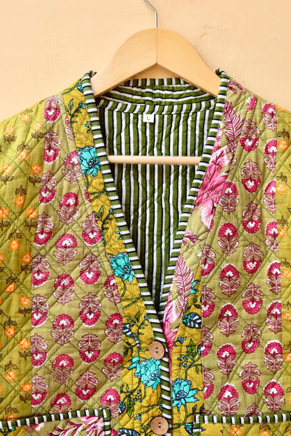 Cotton Handmade Kantha Jacket, Patchwork Women's Clothing Quilted Reversible Coat Kimono, Indian Block-Print Vintage Boho Vest, Gift for Her