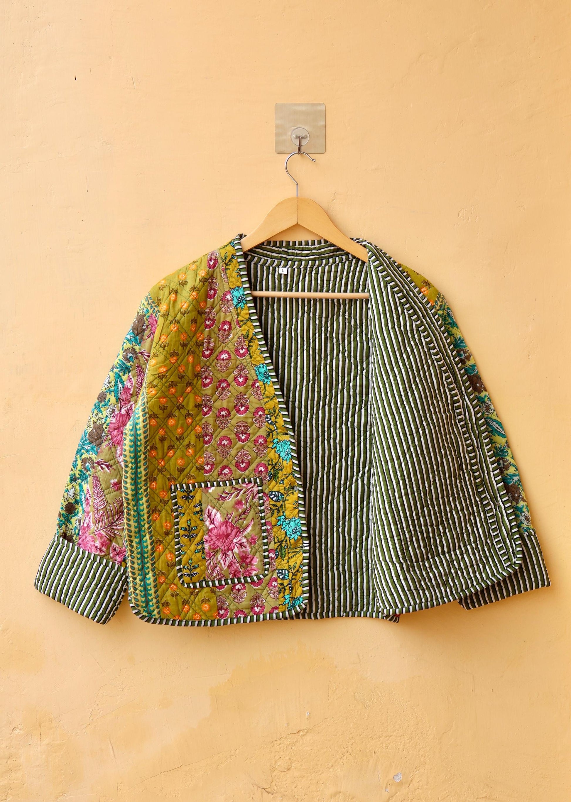 Cotton Handmade Kantha Jacket, Patchwork Women's Clothing Quilted Reversible Coat Kimono, Indian Block-Print Vintage Boho Vest, Gift for Her