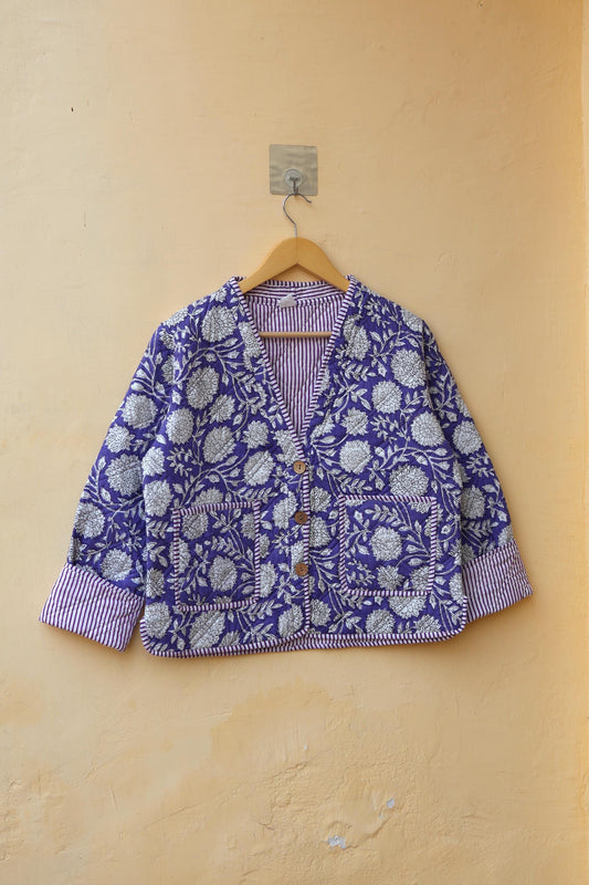 Handmade Cotton Quilted Jacket - Cozy Winter Outerwear Reversible Kantha V-Neck Coat Boho Hand Block Short Jacket, Valentine Gift for her