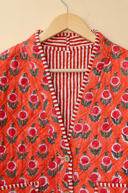 Vintage Indian Hand-Block Printed Cotton Kantha Patchwork Quilted Jacket, Women's Reversible Clothing Spring Kimono Jacket Gift for Her