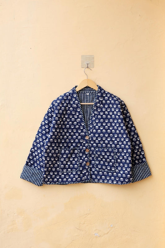 Handmade Cotton Quilted Jacket, Vintage Indian Blue Floral Reversible Kantha V-Neck Coat Bohemian Hand Block Short Jacket, Gift for her