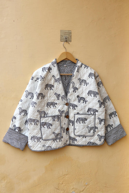 Indian Handmade Cotton Quilted Jacket, Vintage Cheetah Hand Block Print Women's Reversible Boho Clothing Kimono Spring Gift for Her