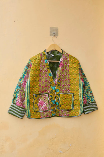 Cotton Handmade Kantha Jacket, Patchwork Women's Clothing Quilted Reversible Coat Kimono, Indian Block-Print Vintage Boho Vest, Gift for Her