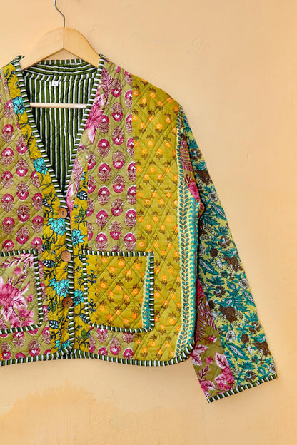 Cotton Handmade Kantha Jacket, Patchwork Women's Clothing Quilted Reversible Coat Kimono, Indian Block-Print Vintage Boho Vest, Gift for Her