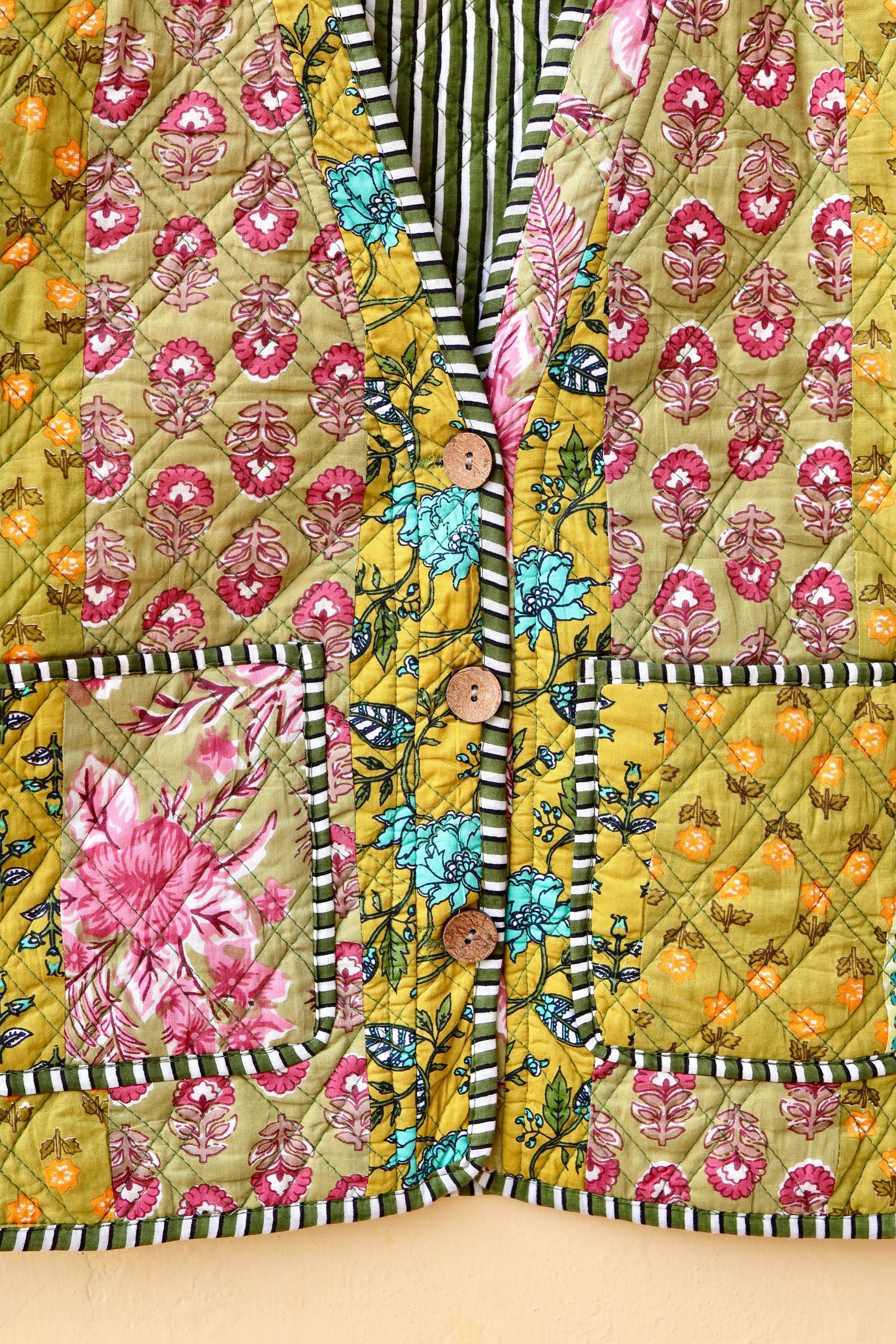 Cotton Handmade Kantha Jacket, Patchwork Women's Clothing Quilted Reversible Coat Kimono, Indian Block-Print Vintage Boho Vest, Gift for Her