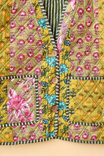 Cotton Handmade Kantha Jacket, Patchwork Women's Clothing Quilted Reversible Coat Kimono, Indian Block-Print Vintage Boho Vest, Gift for Her