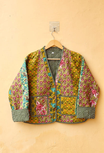 Cotton Handmade Kantha Jacket, Patchwork Women's Clothing Quilted Reversible Coat Kimono, Indian Block-Print Vintage Boho Vest, Gift for Her