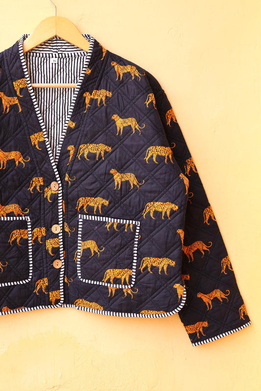 Cotton Quilted Jacket, Indian Handmade Kantha Boho Coat, Cheetah Print V-Neck Hand Block Women's Clothing Jacket, Spring Gift for her