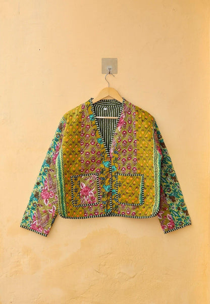 Cotton Handmade Kantha Jacket, Patchwork Women's Clothing Quilted Reversible Coat Kimono, Indian Block-Print Vintage Boho Vest, Gift for Her