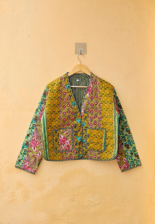 Cotton Handmade Kantha Jacket, Patchwork Women's Clothing Quilted Reversible Coat Kimono, Indian Block-Print Vintage Boho Vest, Gift for Her