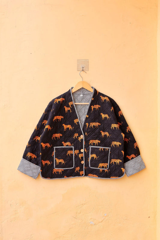 Cotton Quilted Jacket, Indian Handmade Kantha Boho Coat, Cheetah Print V-Neck Hand Block Women's Clothing Jacket, Spring Gift for her