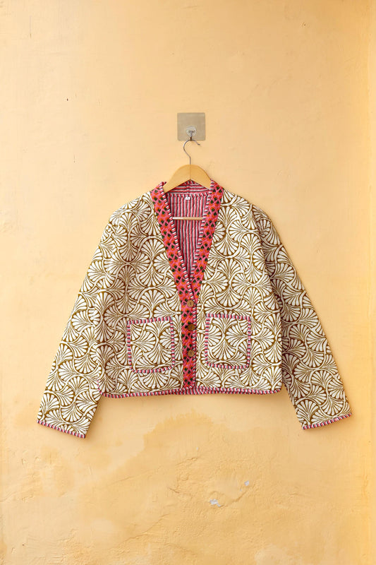 Vintage Indian Hand-Block Printed Cotton Kantha Floral Quilted Jacket, Women's Reversible Clothing Spring Kimono Jacket Gift for Her