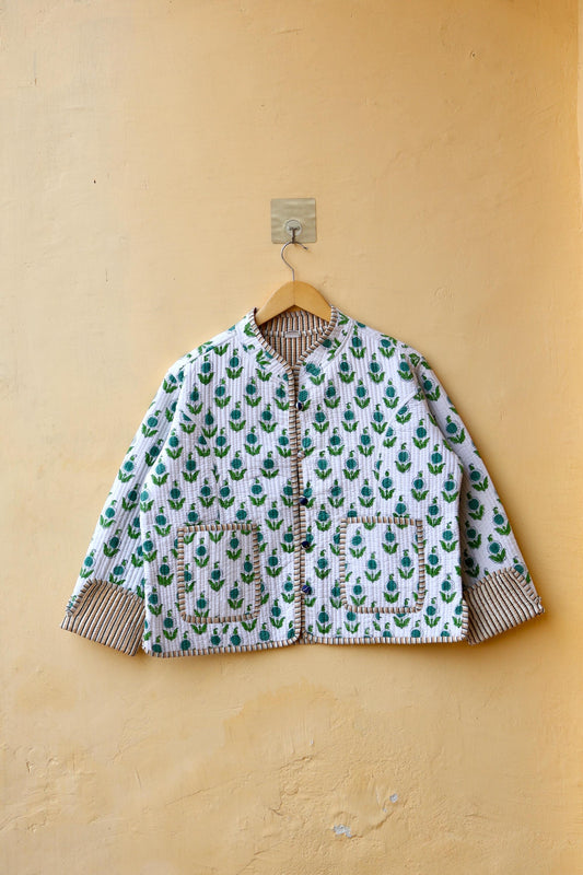 Cotton Handmade Kantha Jacket, Women's Clothing Quilted Reversible Coat, Kimono Indian Hand Printed Vintage Boho Vest Valentine Gift for Her