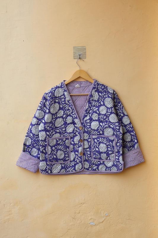 Handmade Cotton Quilted Jacket - Cozy Winter Outerwear Reversible Kantha V-Neck Coat Boho Hand Block Short Jacket, Valentine Gift for her