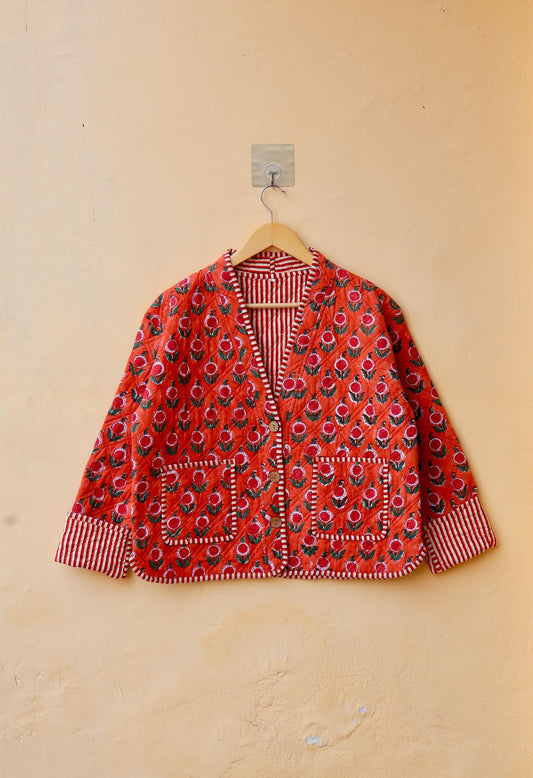 Vintage Indian Hand-Block Printed Cotton Kantha Patchwork Quilted Jacket, Women's Reversible Clothing Spring Kimono Jacket Gift for Her