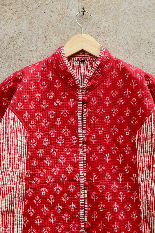 Indian Hand Block Printed Cotton Quilted Jacket, Kantha Kimono Robe, Vintage Boho Kimono Style Women's Coat, Spring Jacket Gift for her
