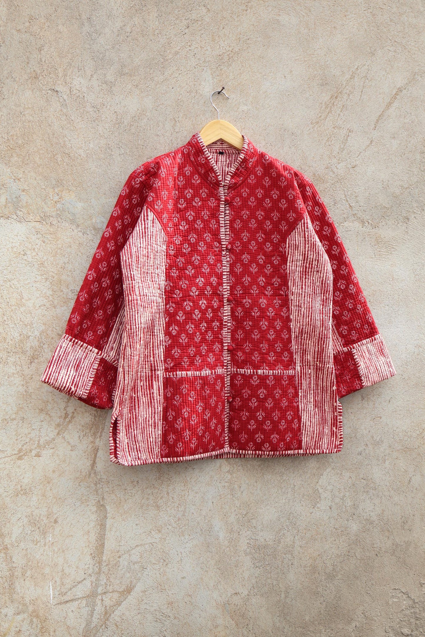 Indian Hand Block Printed Cotton Quilted Jacket, Kantha Kimono Robe, Vintage Boho Kimono Style Women's Coat, Spring Jacket Gift for her