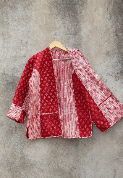 Indian Hand Block Printed Cotton Quilted Jacket, Kantha Kimono Robe, Vintage Boho Kimono Style Women's Coat, Spring Jacket Gift for her