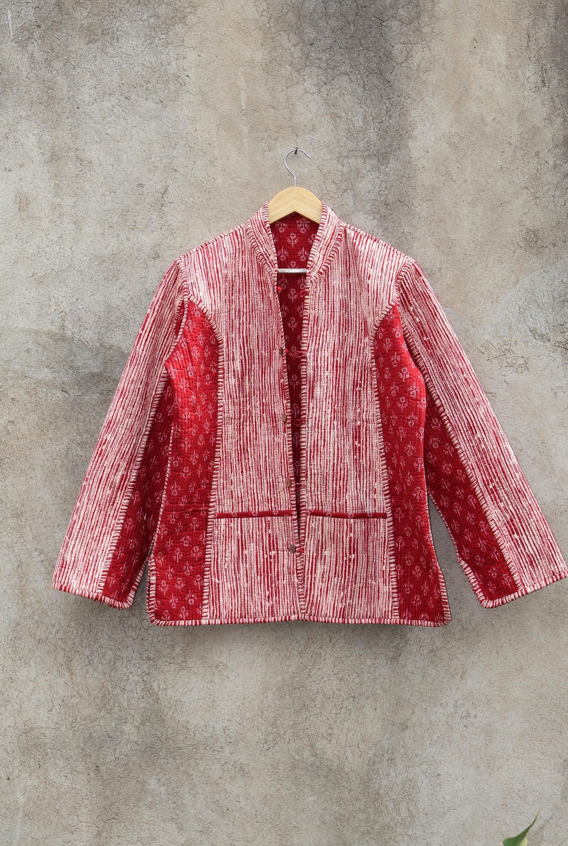 Indian Hand Block Printed Cotton Quilted Jacket, Kantha Kimono Robe, Vintage Boho Kimono Style Women's Coat, Spring Jacket Gift for her