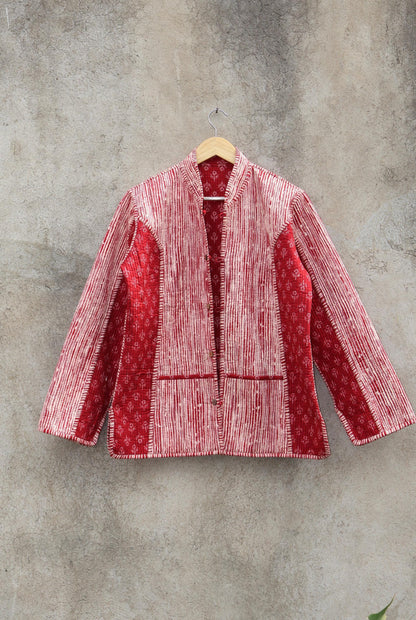 Indian Hand Block Printed Cotton Quilted Jacket, Kantha Kimono Robe, Vintage Boho Kimono Style Women's Coat, Spring Jacket Gift for her