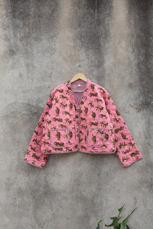 Cotton Quilted Jacket V-Neck New Style Kantha Jacket Hand Block Print Floral Indian Womens Clothing Coat, Boho Jacket Valentine Gift for Her