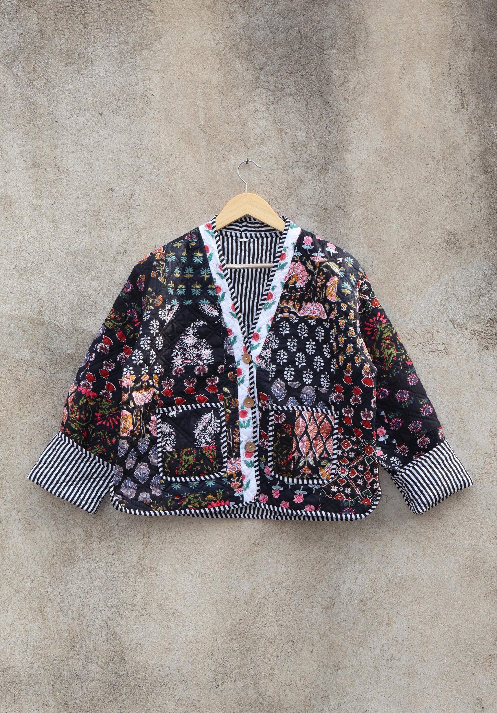 Handmade Indian Cotton Kantha Patchwork Quilted Jacket/Coat Block print Women's Reversible Clothing Kimono Vintage Spring Gift for Her