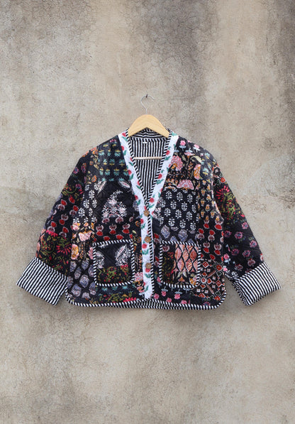 Handmade Indian Cotton Kantha Patchwork Quilted Jacket/Coat Block print Women's Reversible Clothing Kimono Vintage Spring Gift for Her