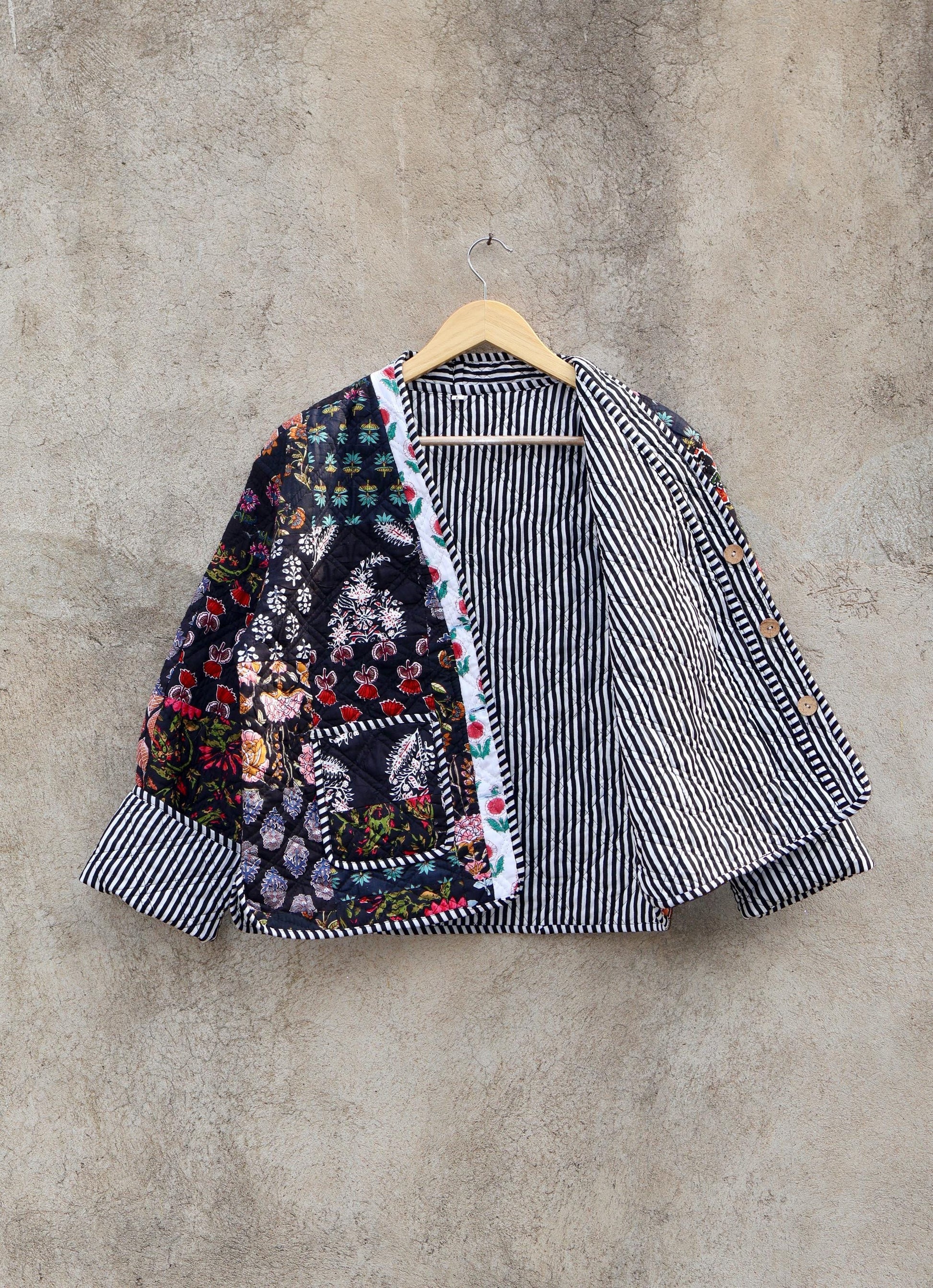 Handmade Indian Cotton Kantha Patchwork Quilted Jacket/Coat Block print Women's Reversible Clothing Kimono Vintage Spring Gift for Her