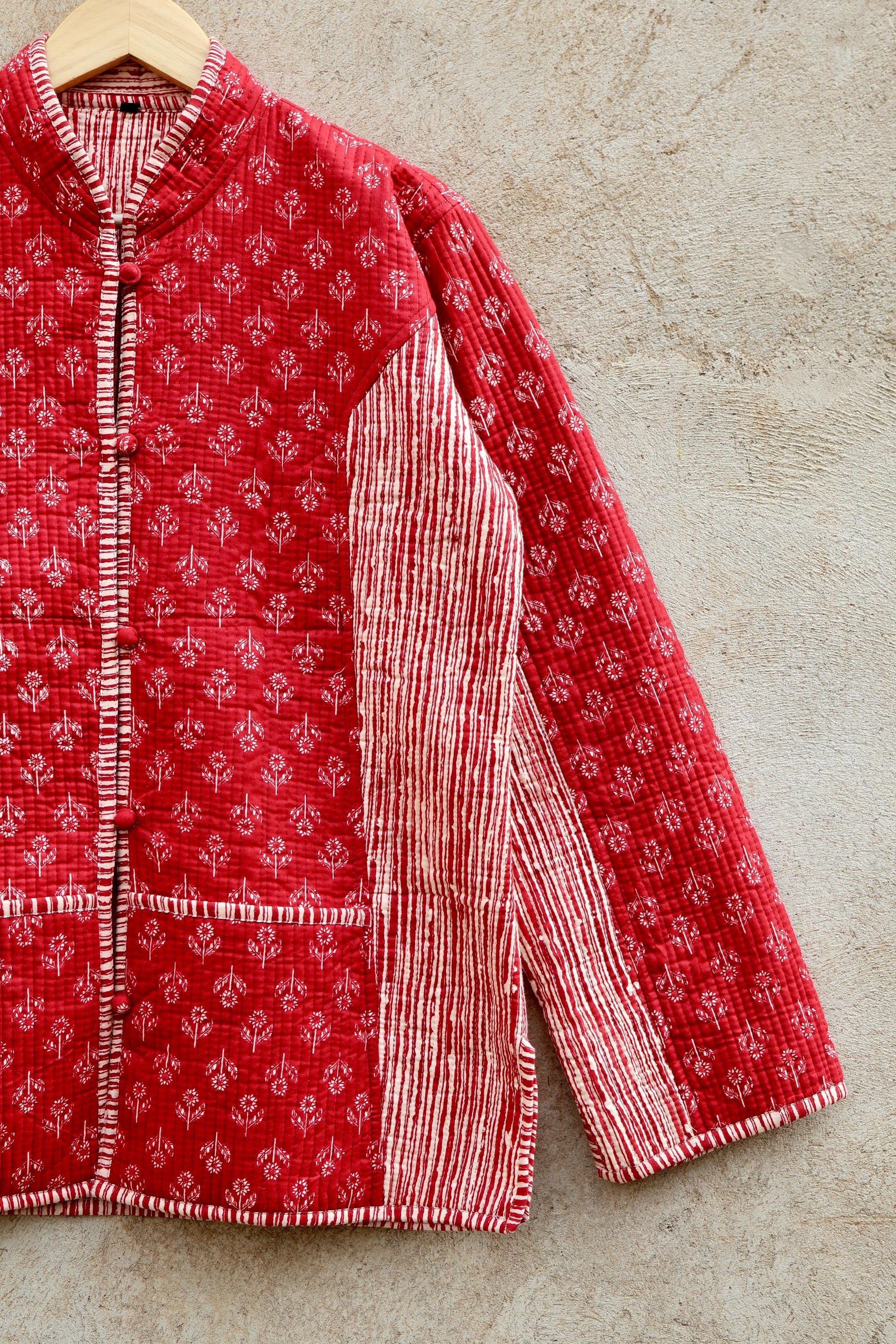Indian Hand Block Printed Cotton Quilted Jacket, Kantha Kimono Robe, Vintage Boho Kimono Style Women's Coat, Spring Jacket Gift for her