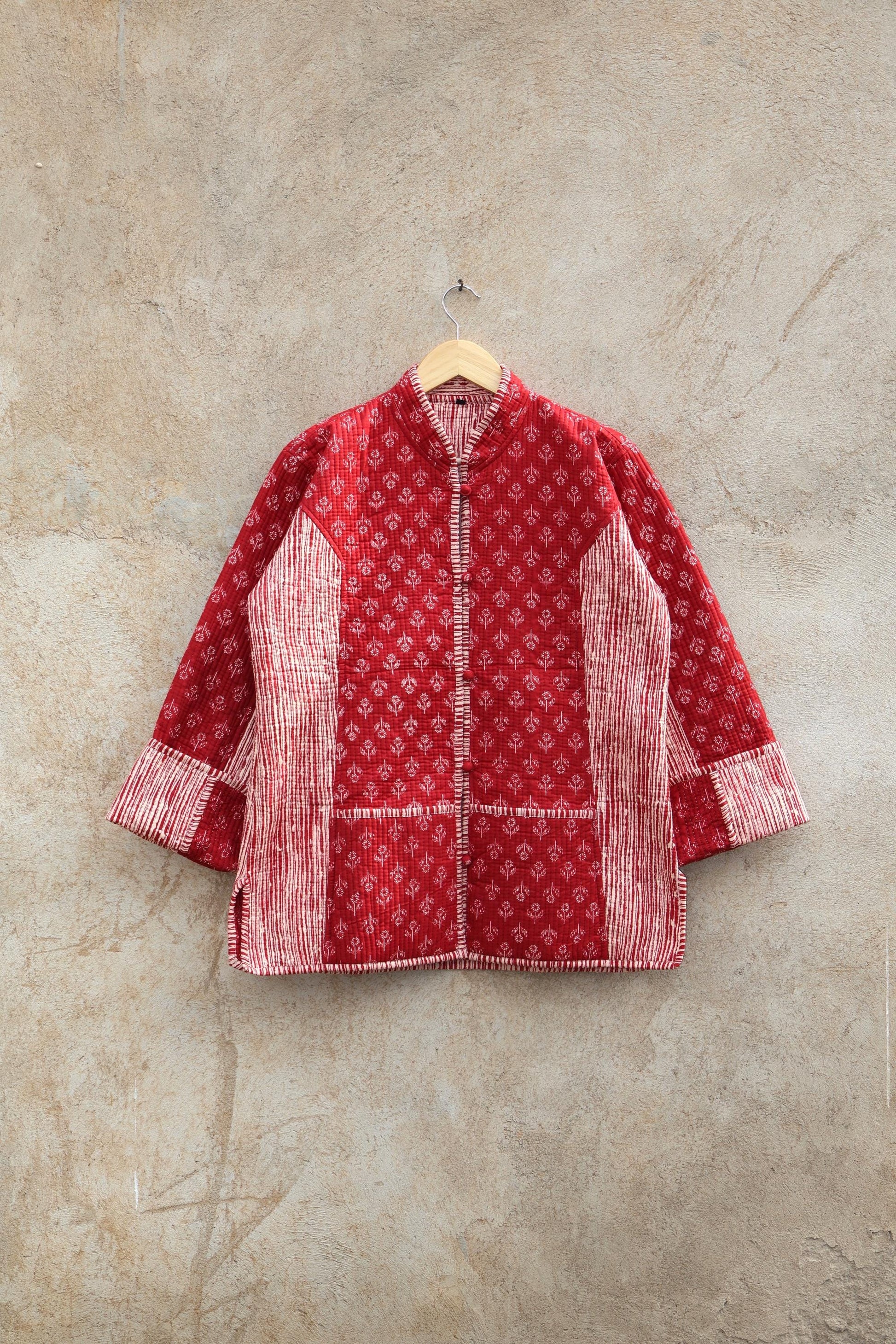 Indian Hand Block Printed Cotton Quilted Jacket, Kantha Kimono Robe, Vintage Boho Kimono Style Women's Coat, Spring Jacket Gift for her