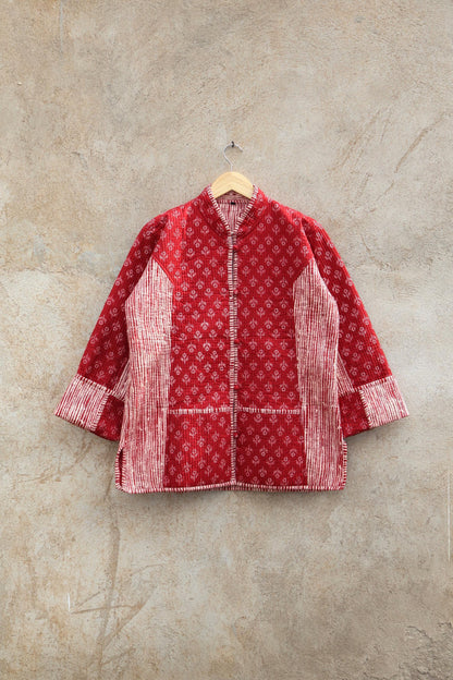 Indian Hand Block Printed Cotton Quilted Jacket, Kantha Kimono Robe, Vintage Boho Kimono Style Women's Coat, Spring Jacket Gift for her