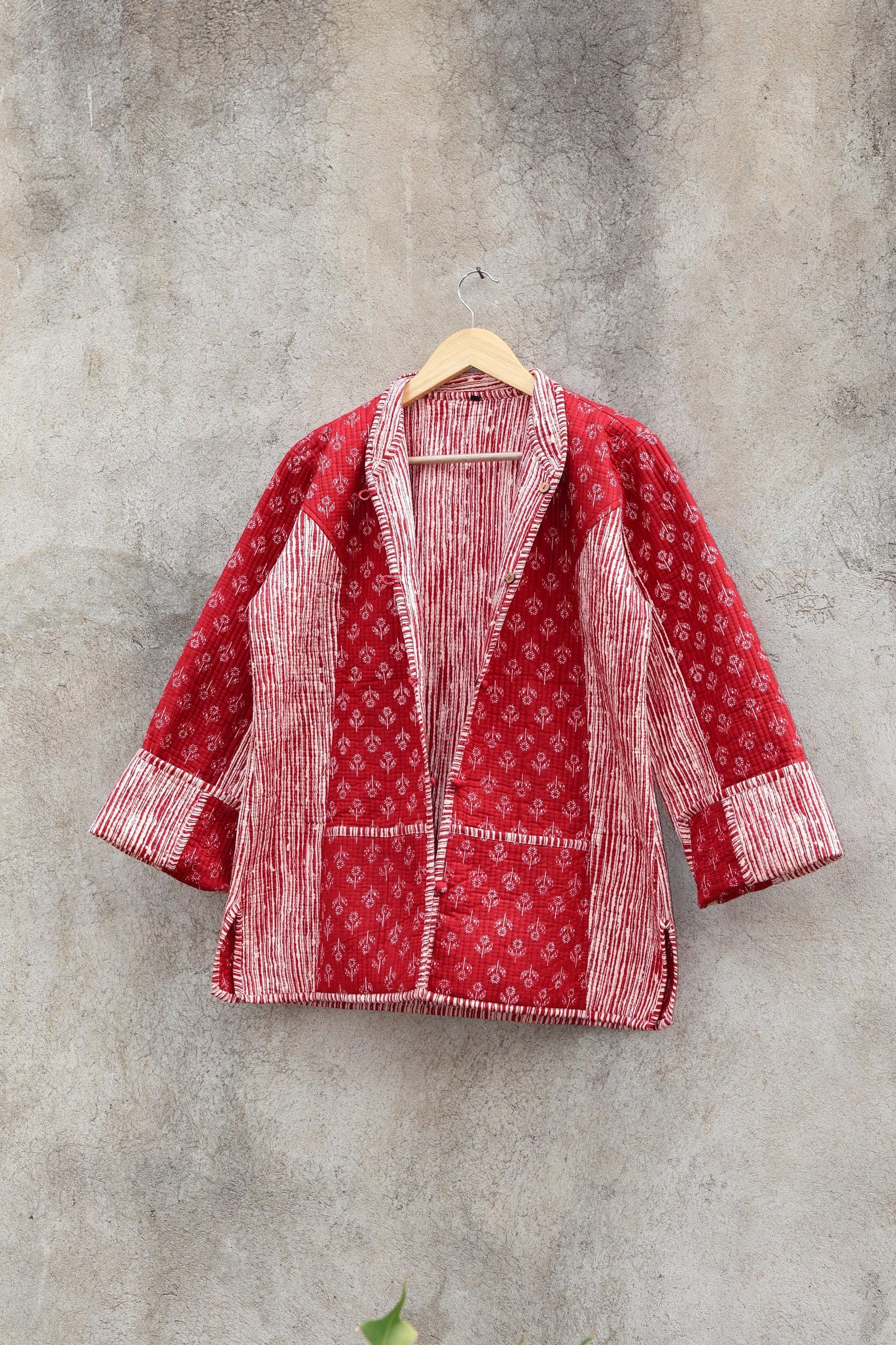 Indian Hand Block Printed Cotton Quilted Jacket, Kantha Kimono Robe, Vintage Boho Kimono Style Women's Coat, Spring Jacket Gift for her
