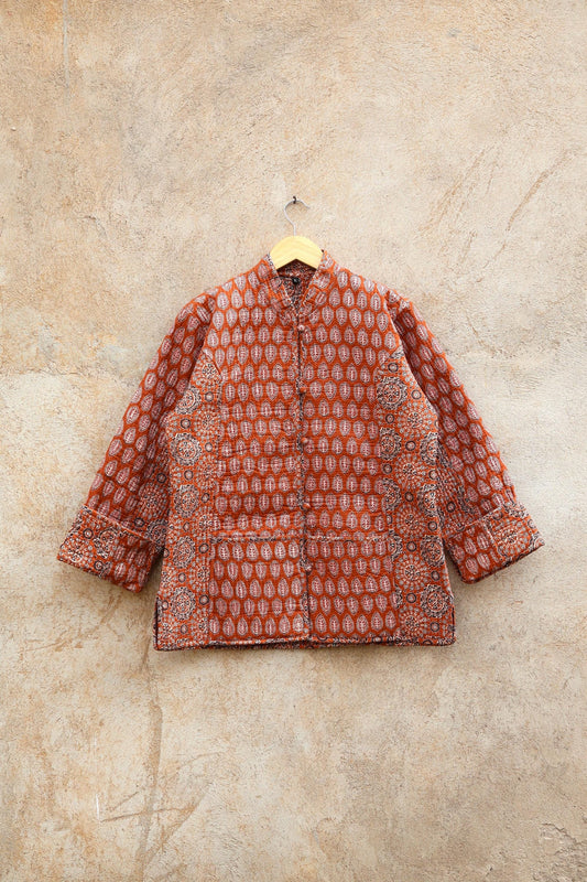 Indian Hand Block Printed Cotton Quilted Jacket, Kantha Kimono Robe, Vintage Boho Kimono Style Women's Coat, Spring Jacket Gift for her