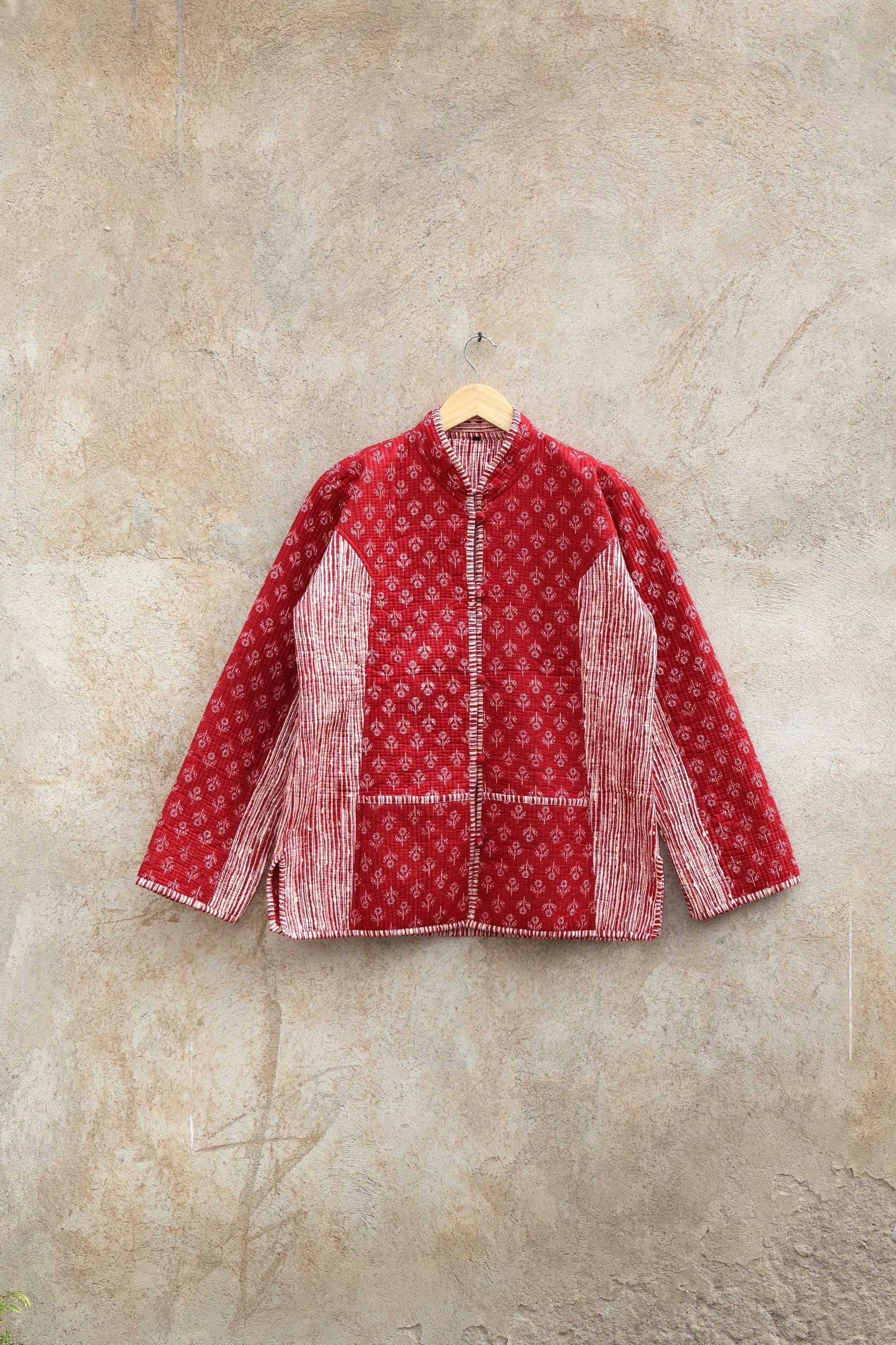 Indian Hand Block Printed Cotton Quilted Jacket, Kantha Kimono Robe, Vintage Boho Kimono Style Women's Coat, Spring Jacket Gift for her