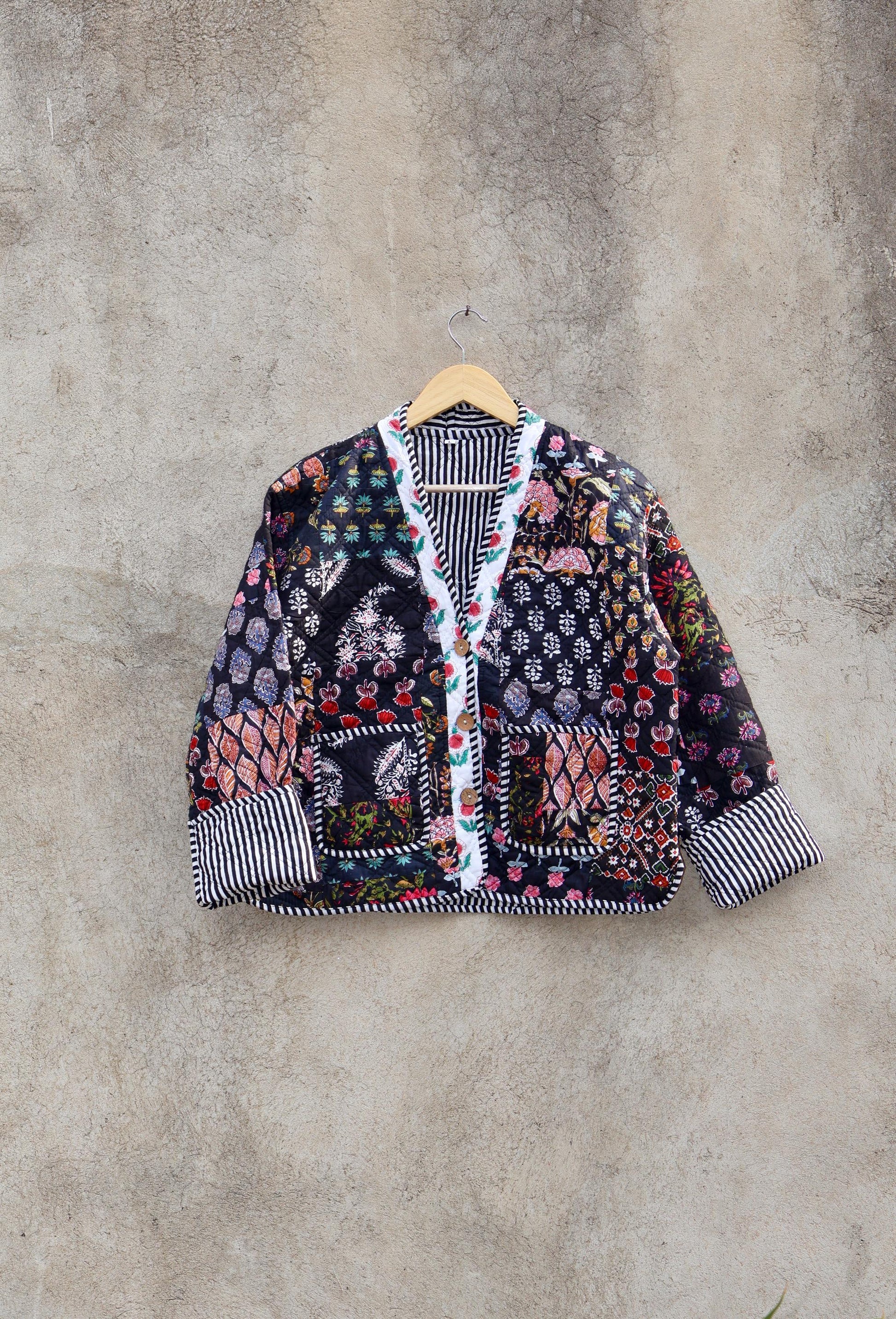 Handmade Indian Cotton Kantha Patchwork Quilted Jacket/Coat Block print Women's Reversible Clothing Kimono Vintage Spring Gift for Her